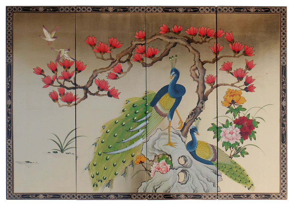 Oriental Wall Plaques Hand-Painted Peacock on Gold Leaf, 4-Piece Set, 56"x40"