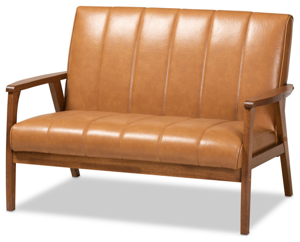 Nikko Mid-century Tan Faux Leather and Walnut Brown 3-Piece Living Room Set