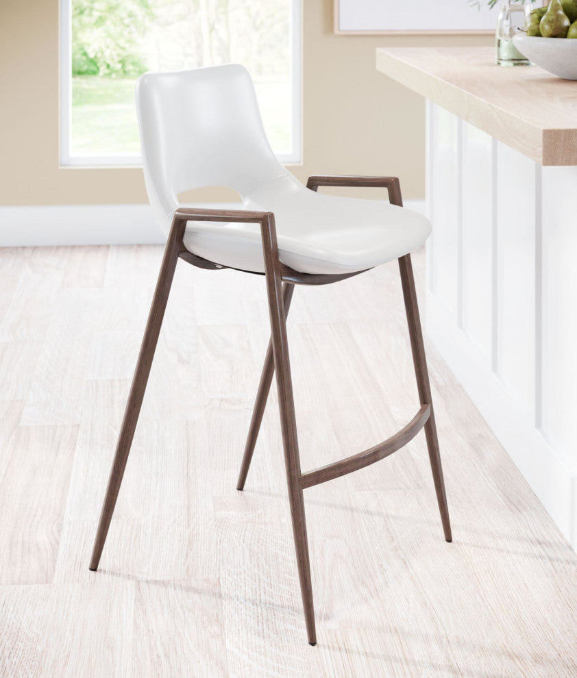 Counter Stool Chair, Set of 2, Faux Vinyl Leather, Steel, White, Walnut