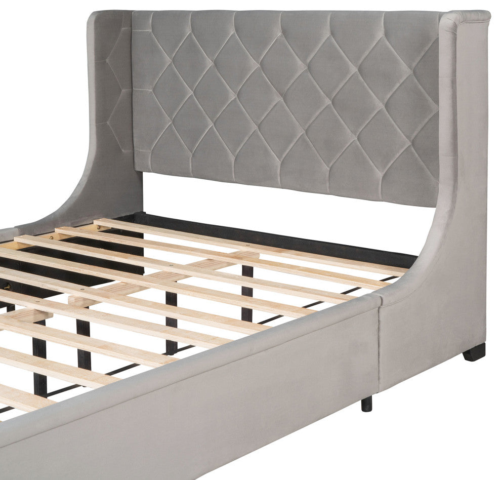 Queen Upholstered Platform Bed with Wingback Headboard and Drawer, Gray