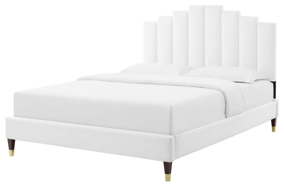 Platform Bed Frame, Full Size, Velvet, White, Modern Contemporary, Bedroom
