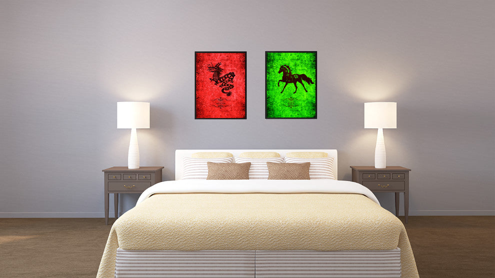 Horse Chinese Zodiac Green Print on Canvas with Picture Frame, 28"x37"
