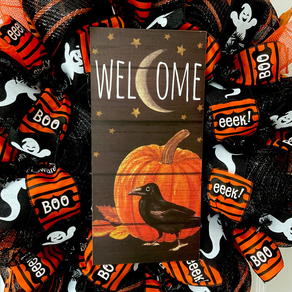Welcome Crow and Pumpkin Handmade Deco Mesh Halloween Wreath