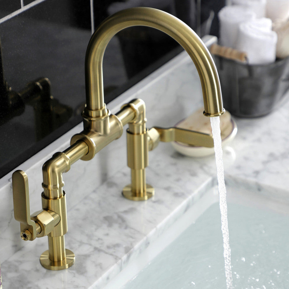 KS2177KL Industrial Style Bridge Bathroom Faucet and Pop-Up Drain, Brushed Brass