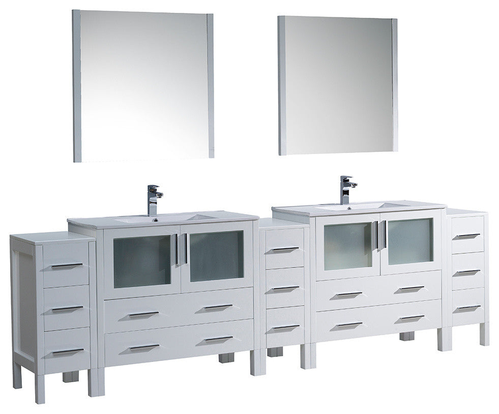 Torino 108" White Modern Double Sink Bathroom Vanity, Faucet FFT9151CH