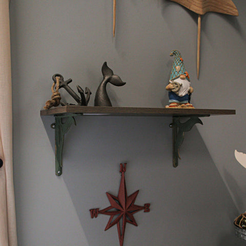 Set of 2 Cast Iron Verdigris Whale Tail Wall Bracket Shelf Decor