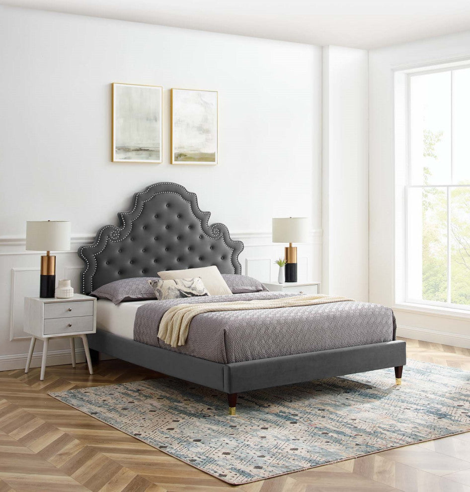 Tufted Platform Bed Frame, Full Size, Velvet, Gray, Modern Contemporary