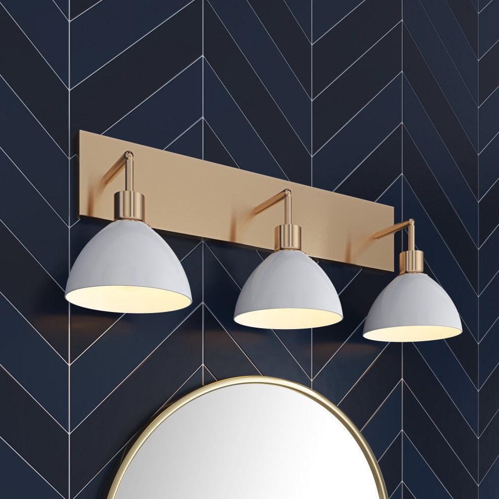 Modern 3-Light Bathroom Vanity Light Over Mirror with White Shades, Gold