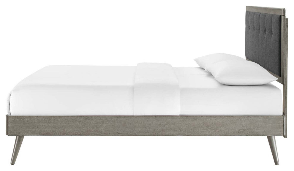 Platform Bed Frame, Queen Size, Fabric, Wood, Gray, Modern Mid-Century