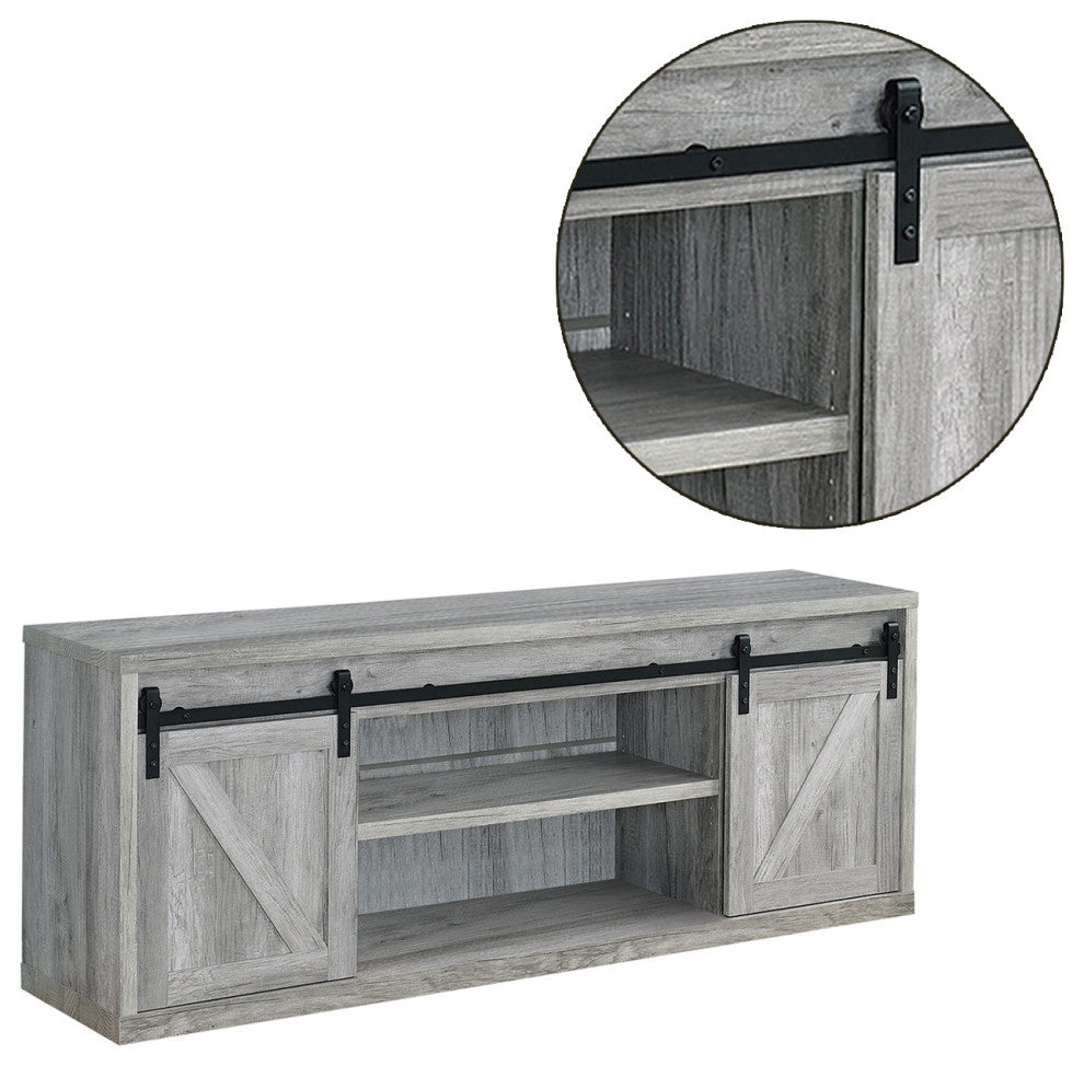 71" TV Console with Sliding Doors, Gray and Black