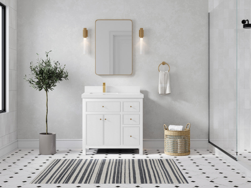 Sonoma 36 Left Offset Reeded Bath Vanity in White 2" White Quartz