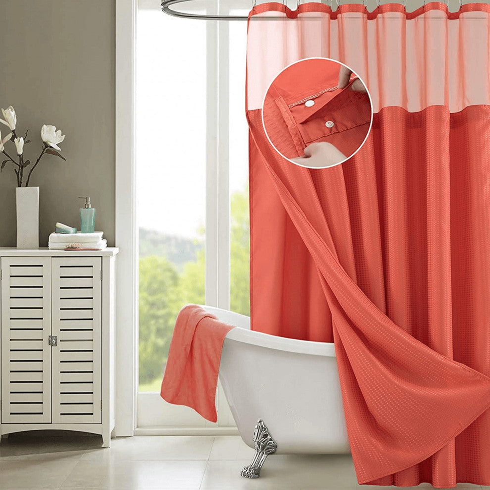 Coral Sheer and Grid Shower Curtain and Liner Set