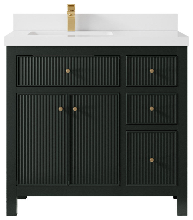 Sonoma 36 Left Offset Reeded Bath Vanity in Dark Forest Green 2" White Quartz