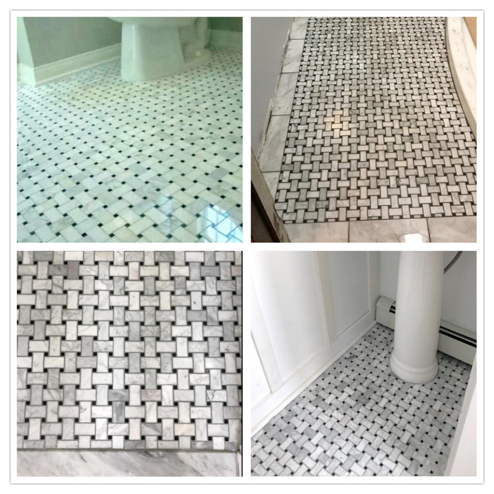 Carrara Marble Basketweave Mosaic Tile Carrera Black Dots Polished 1x2, 1 sheet