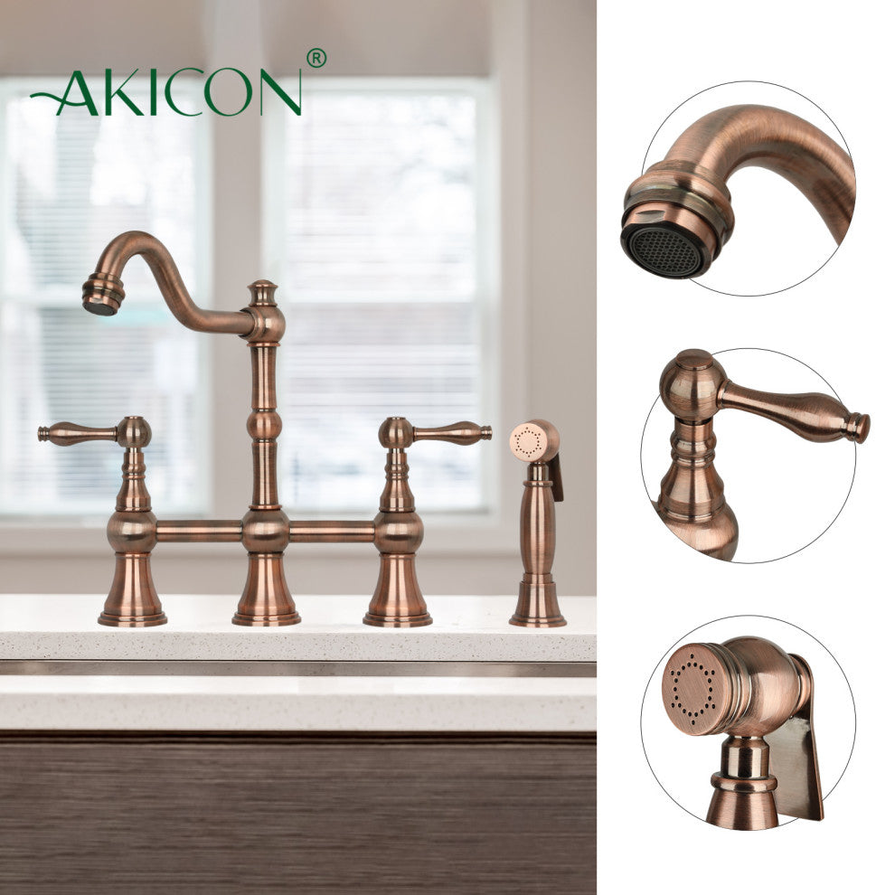 Two-Handles Copper Bridge Kitchen Faucet with Side Sprayer, Antique Copper