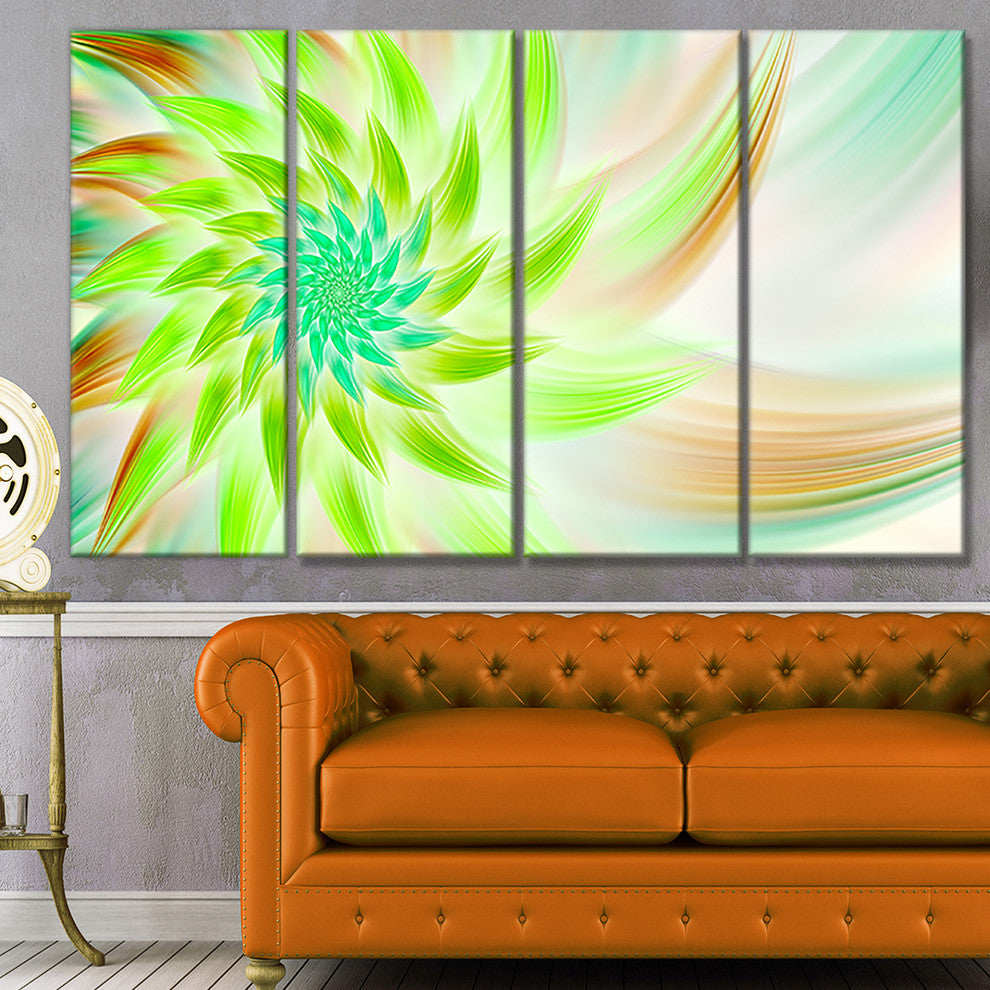 Huge Bright Green Fractal Flower, Floral Canvas Art Print, 48"x28", 4 Panels