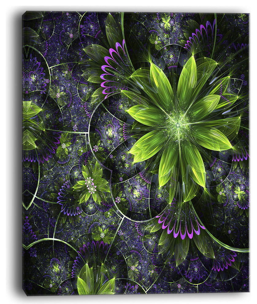 "Glossy Green Purple Fractal Flowers" Floral Wall Art Canvas, 12"x20"