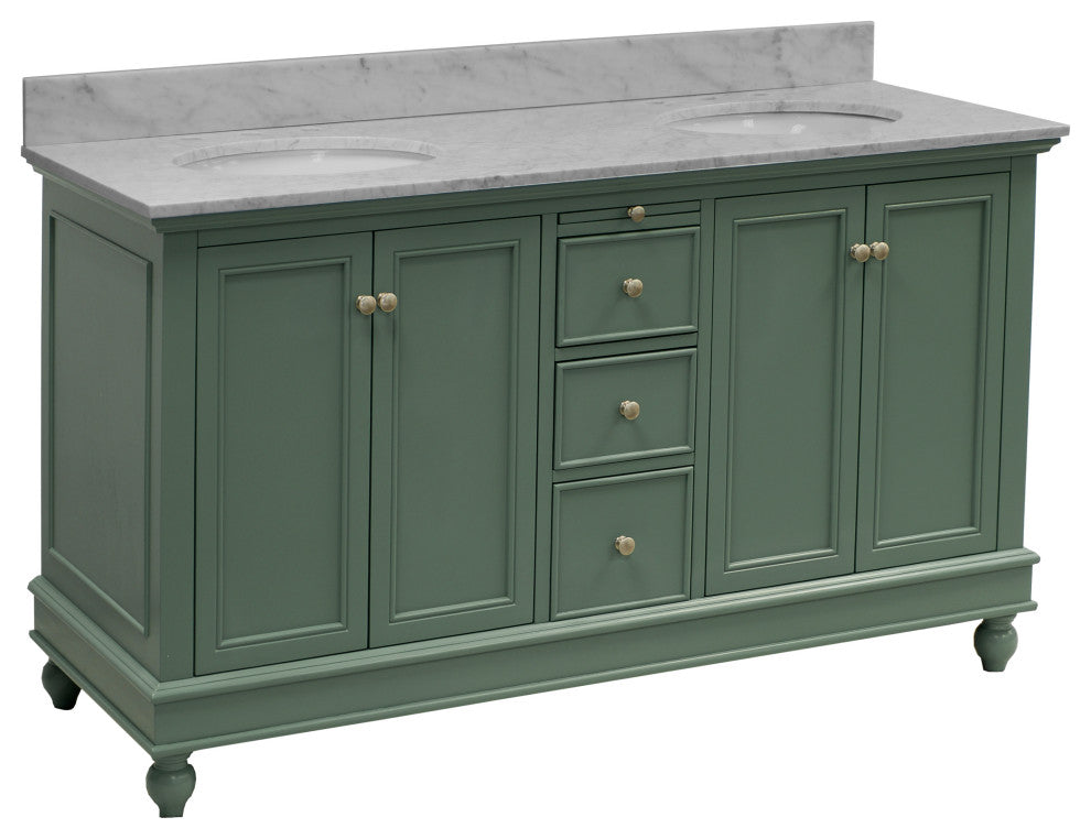 Bella 60" Bathroom Vanity, Sage Green, Carrara Marble, Double Vanity