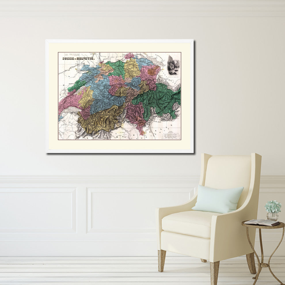 Switzerland Vintage Old Map Print On Canvas With Picture Frame 28" X 37"
