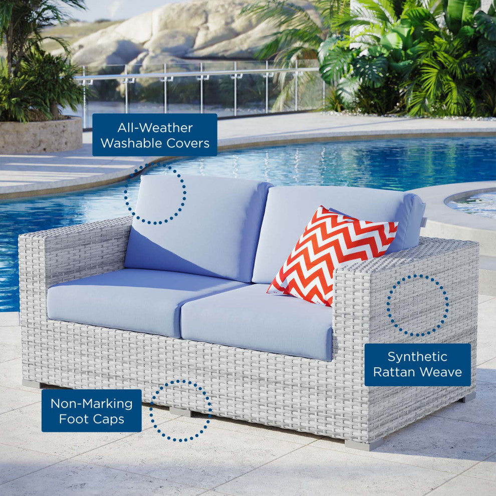 Lounge Loveseat Sofa, Rattan, Wicker, Gray Blue, Modern, Outdoor Patio Cafe