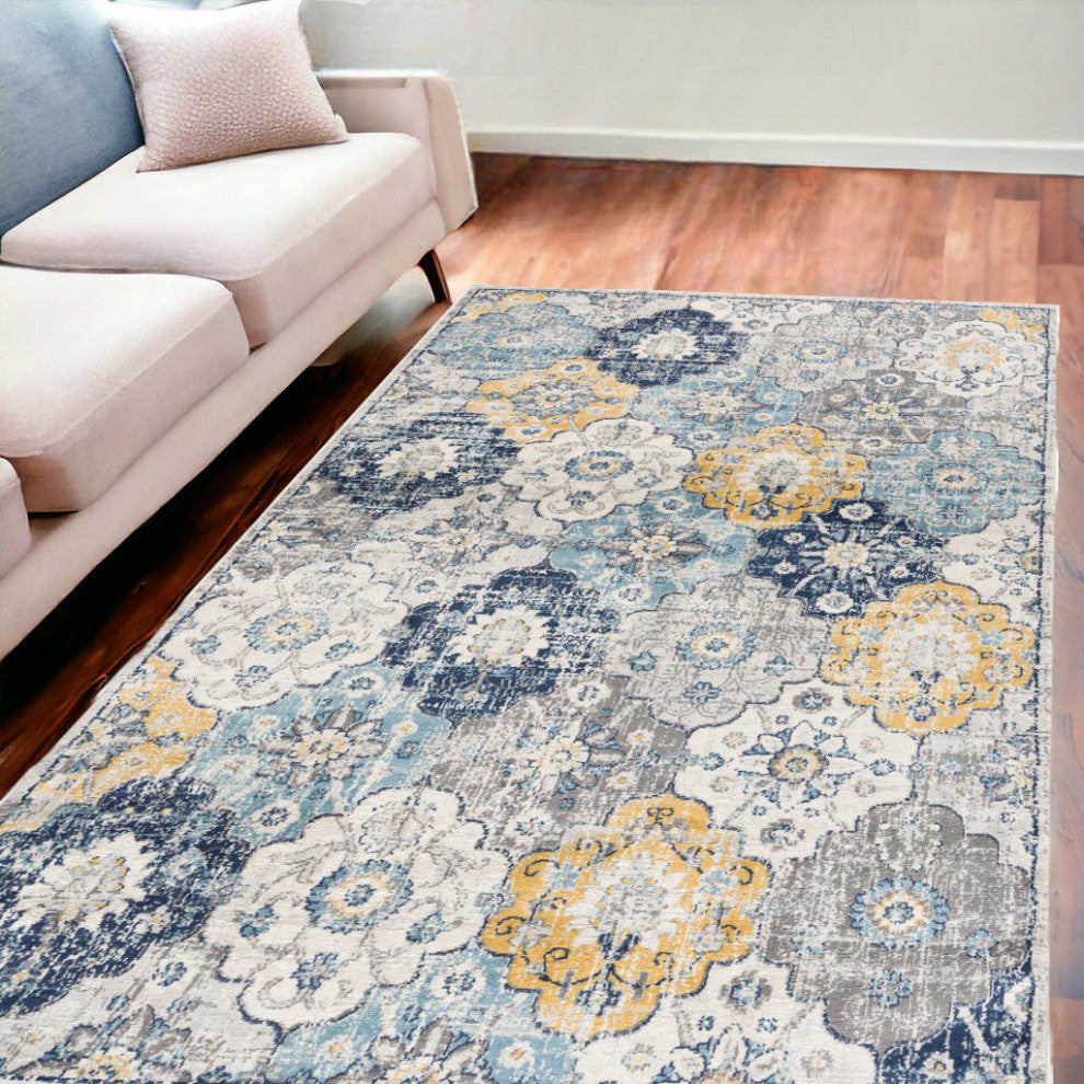 7"x10" Blue Distressed Floral Area Rug