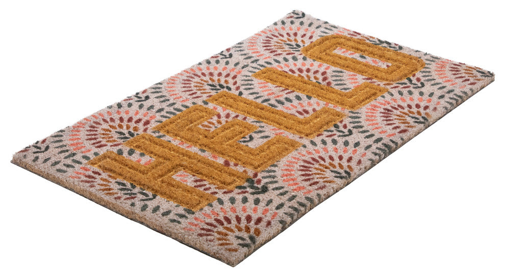 Brown and Pink "Hello" Floral Coir Outdoor Doormat 18" x 30"