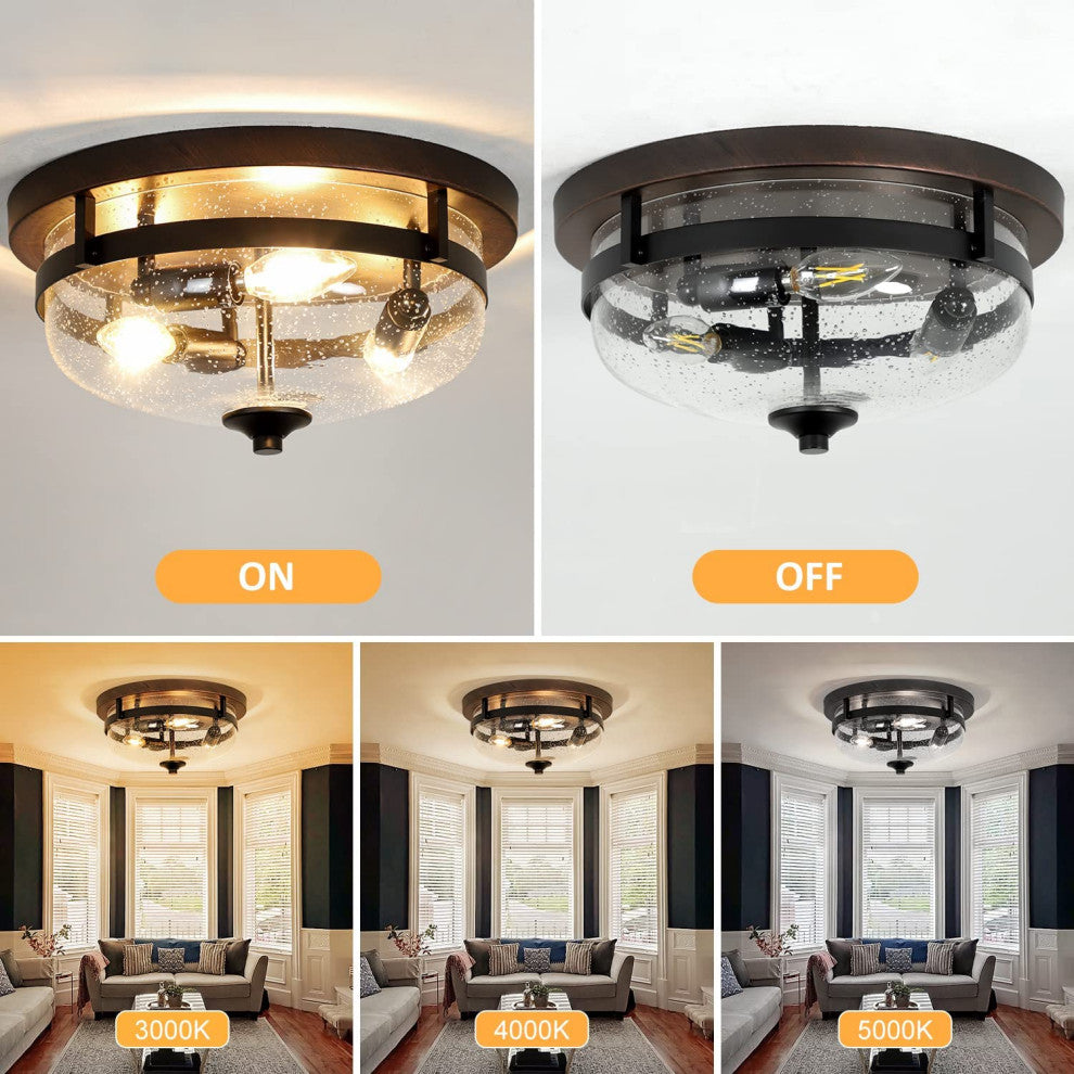 3 Light Industrial Flush Mount Ceiling Light Farmhouse, Glass