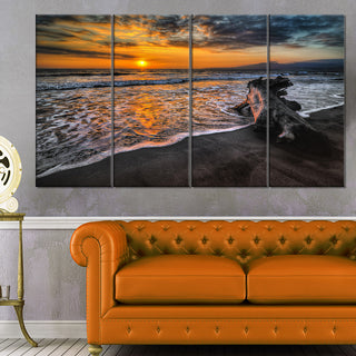 Log on Beach During Sunset, Seashore Canvas Art Print, 48"x28", 4 Panels