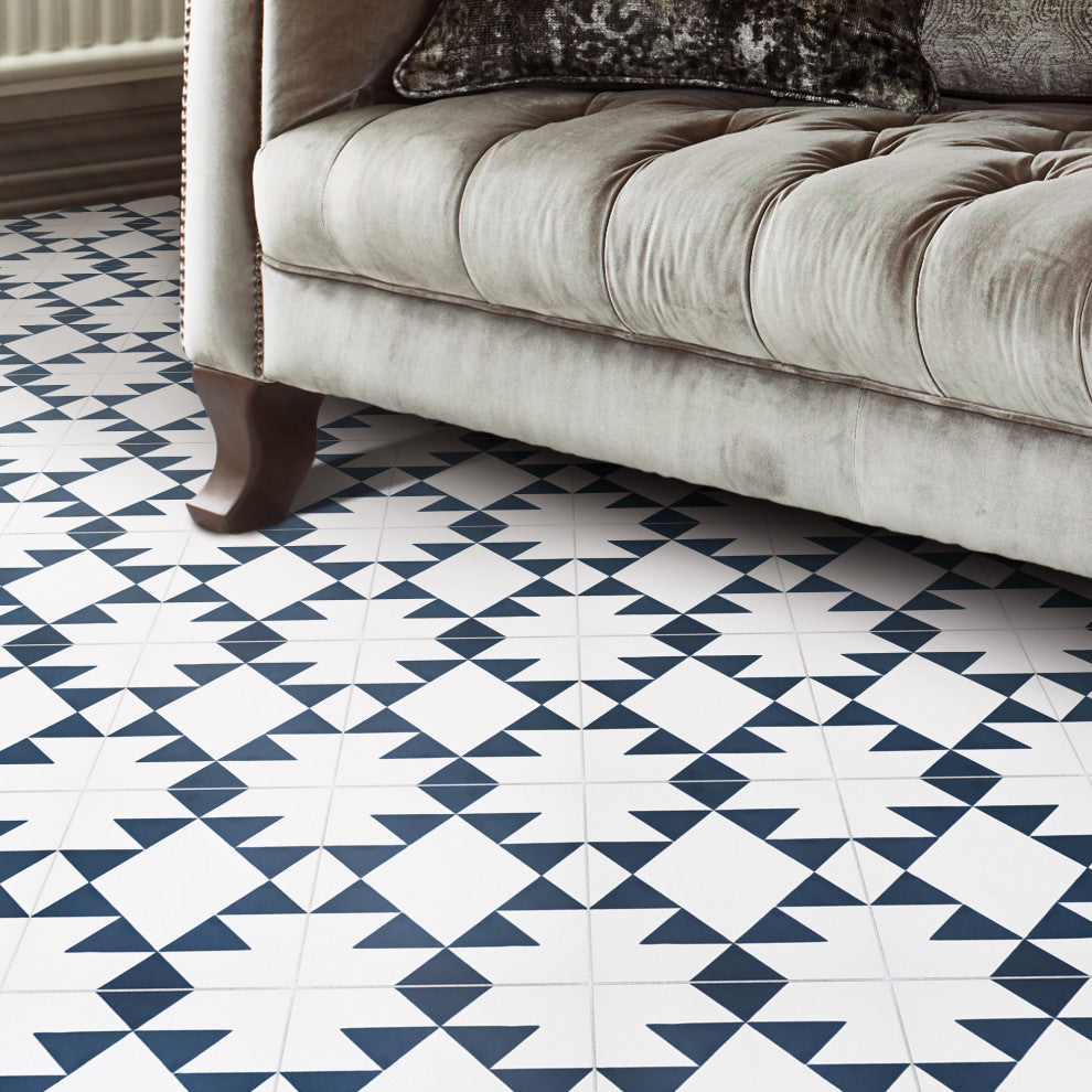 Rissani Handmade Cement Tile, White/Navy Blue, Sample