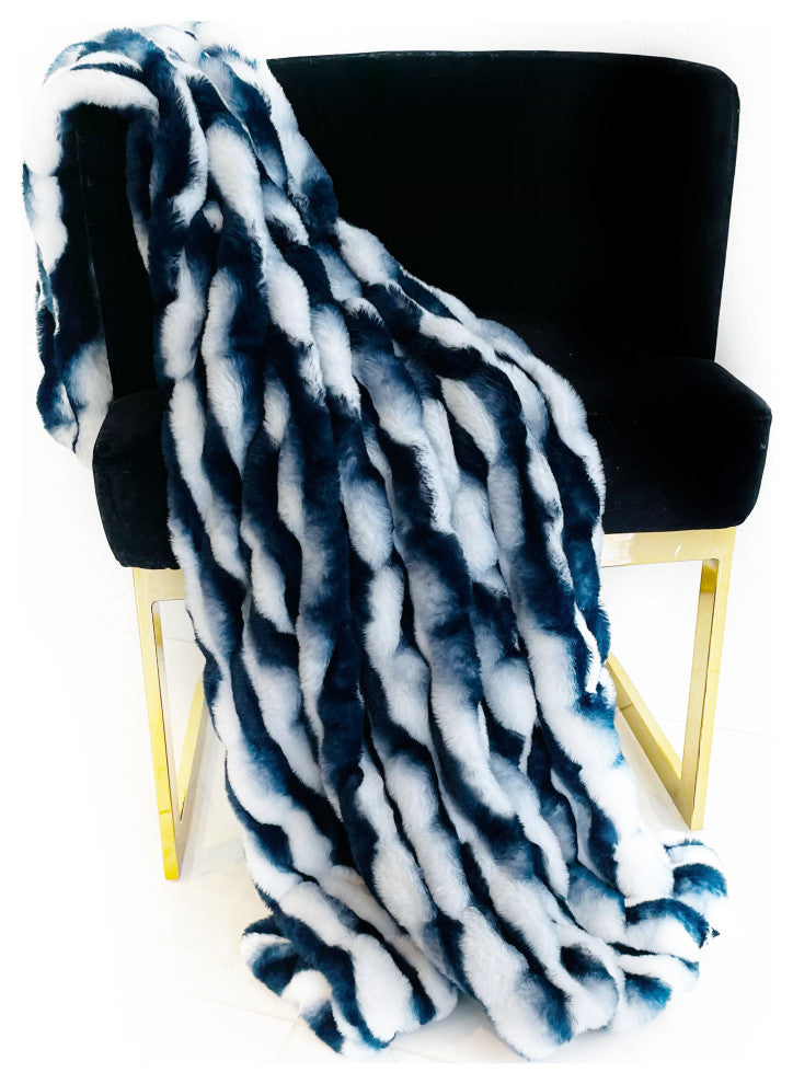 White Navy Snow Chinchilla Faux Fur Luxury Throw Blanket, Blanket 96Lx110W Queen