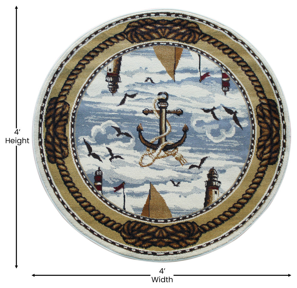 Angie Collection Round 4' x 4' Beige Nautical Themed Area Rug
