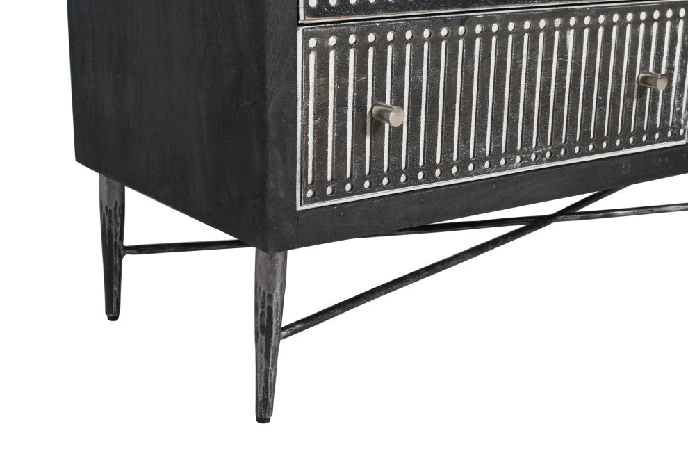 Sarah 6 Drawer Chest, Mango Solid Wood Antique Brown Finish on Iron Base