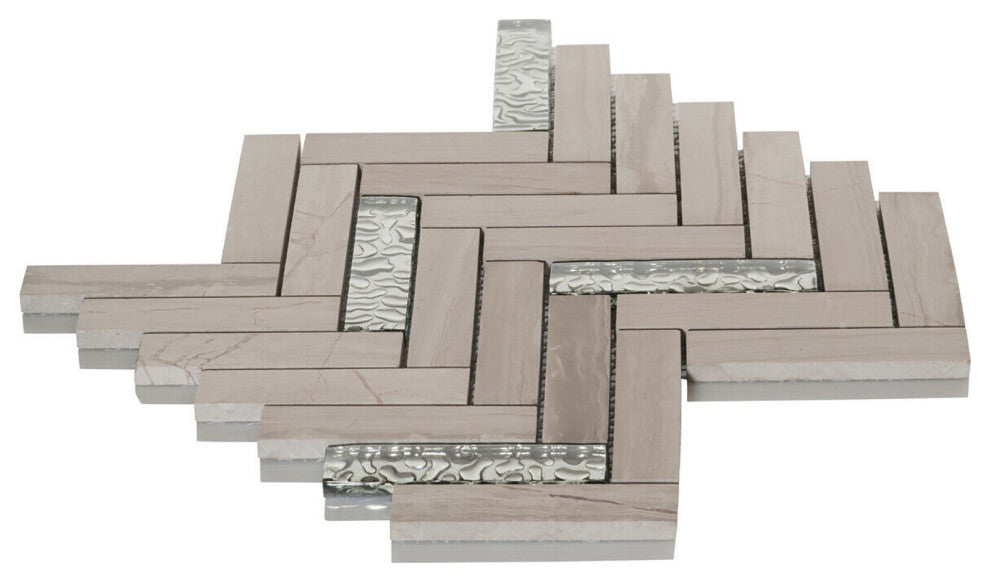Modket White Oak Gray Marble Glass Herringbone Tile Kitchen Backsplash TDH147MO