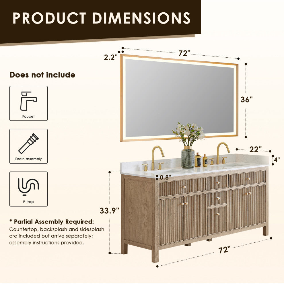 Cerrito Bathroom Vanity, Natural Oak, 72" Double, With Mirror