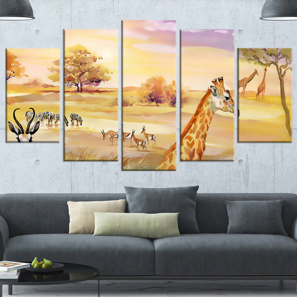 Wildlife of Savannah Illustration, African Canvas Art Print, 60"x32", 5 Panels