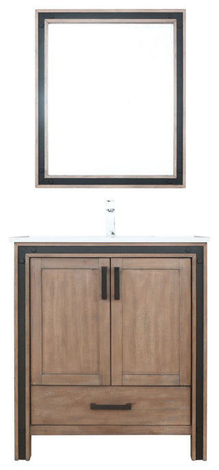 Ziva 30 Barnwood SG Vanity, Cultured Marble Top, Square Sink, 28 Mirror, Faucet