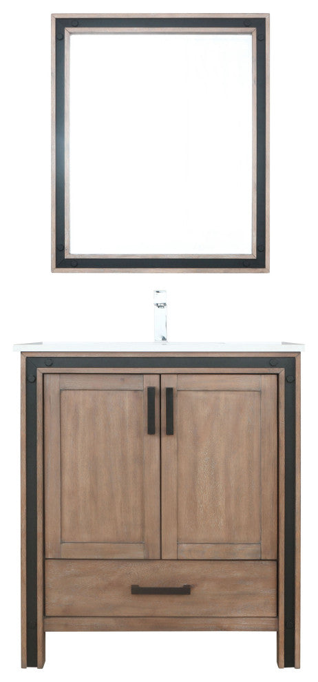 Ziva 30 Barnwood SG Vanity, Cultured Marble Top, Square Sink, 28 Mirror, Faucet