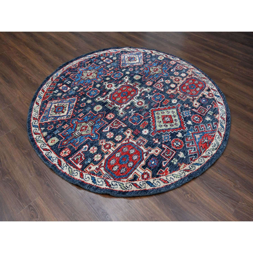 Charcoal Black Karajeh Heriz Pure Wool Hand Knotted Round Oriental Rug 7'9"x7'9"