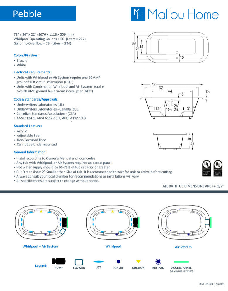 Malibu Pebble Rectangle Whirlpool Bathtub 72x36x22 Biscuit
