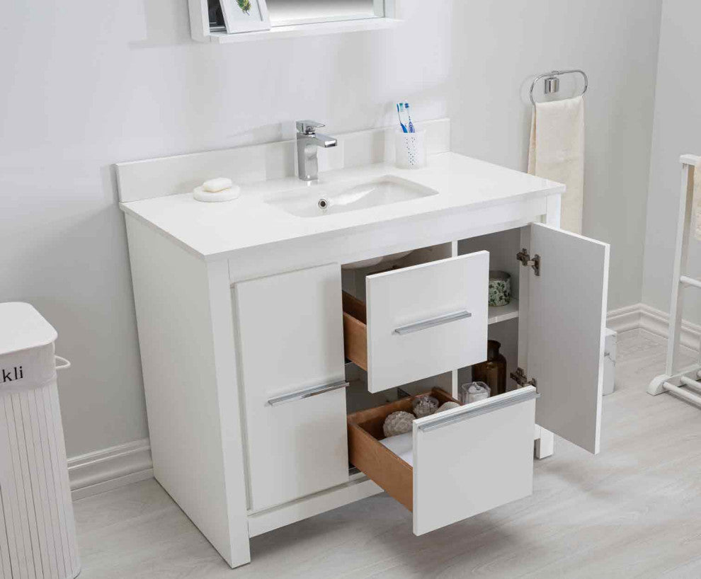 Mila Collection 42" Bathroom Vanity With Sink, Mirror, Countertop, Snow White