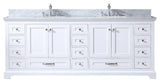 Dukes 84" White Double Vanity, White Carrara Marble Top, White Sinks, No Mirror