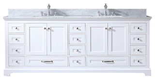 Dukes 84" White Double Vanity, White Carrara Marble Top, White Sinks, No Mirror