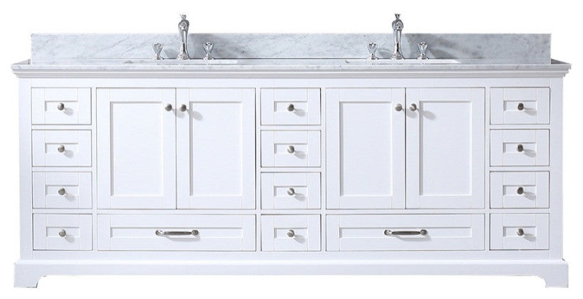Dukes 84" White Double Vanity, White Carrara Marble Top, White Sinks, No Mirror