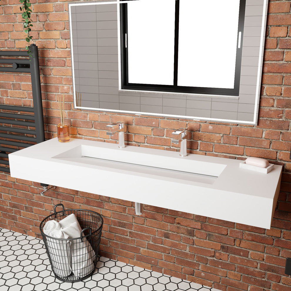 CastelloUSA Pyramid Solid Surface Wall Mounted Ramp Basin Sink, White, 60", Standard