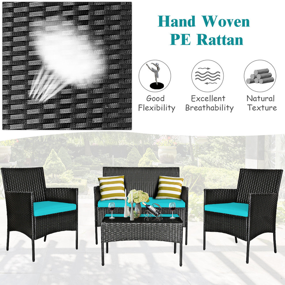 Costway 4PCS Patio Rattan Furniture Set Cushioned Sofa Coffee Table Turquoise