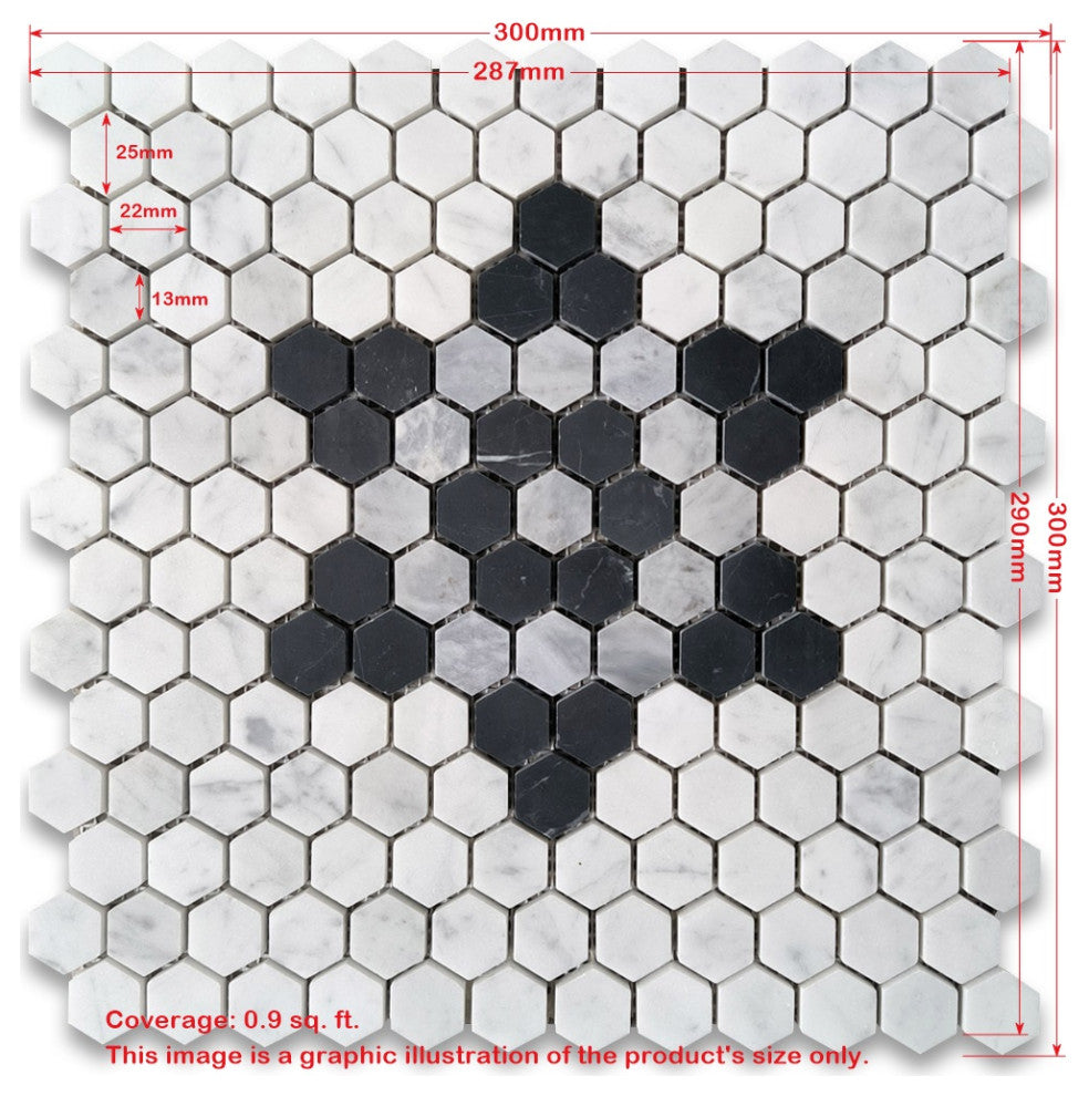 Carrara White Marble 1 inch Hexagon Hexastar Mosaic Tile Black Gray, 1