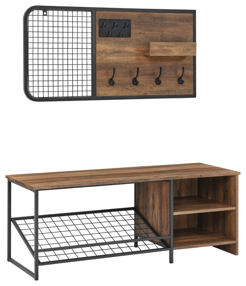 Modern Entry Bench with Shoe Storage and Wall Organizer Set - Rustic Oak