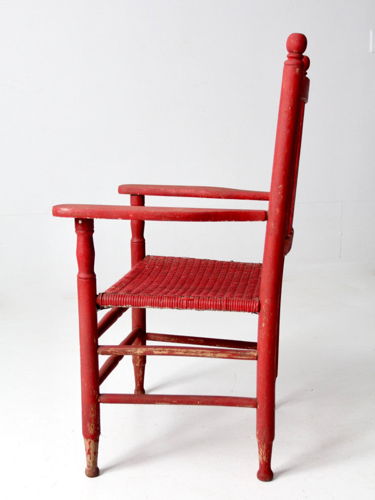 Consigned, Antique Red Wicker Seat Arm Chair