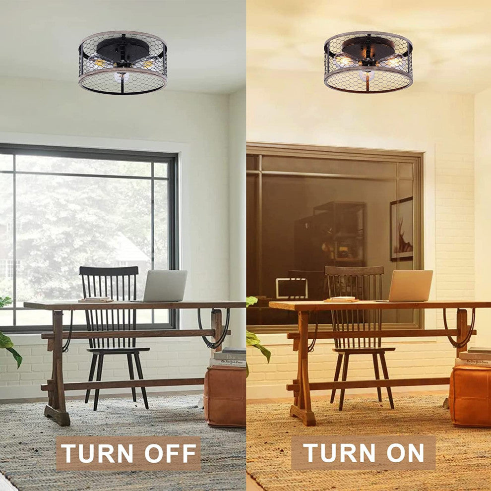 3 Light Rust Ceiling Light Fixture, Industrial Cage, Semi Flush Mount