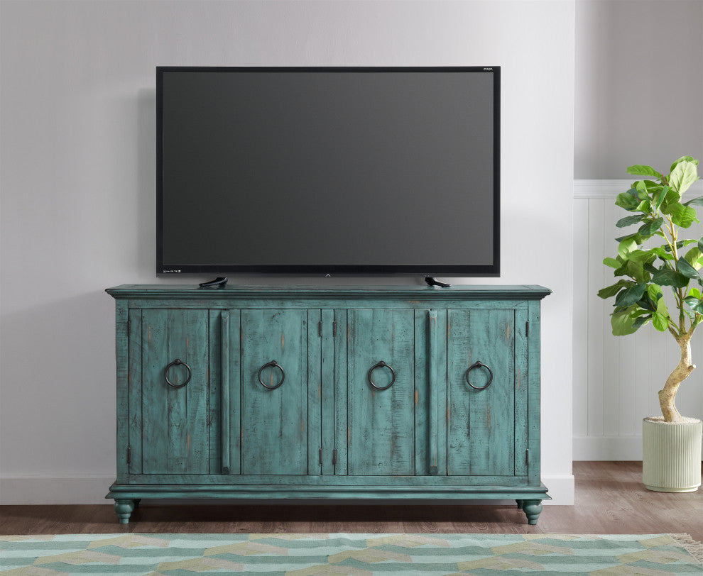 Garden District Solid Wood TV Stand, Rustic Turquoise